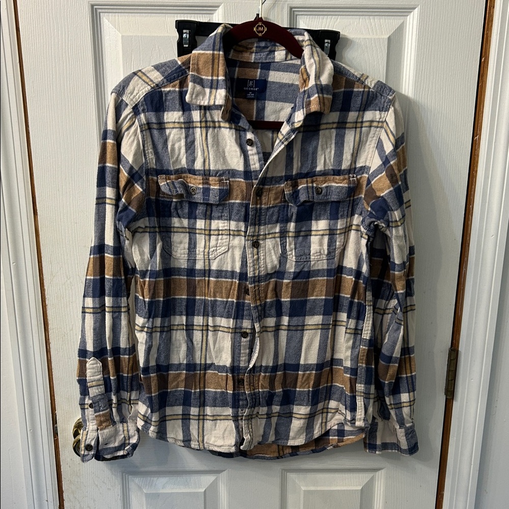 George Men's Blue and Brown Plaid Casual Button Down Shirt
